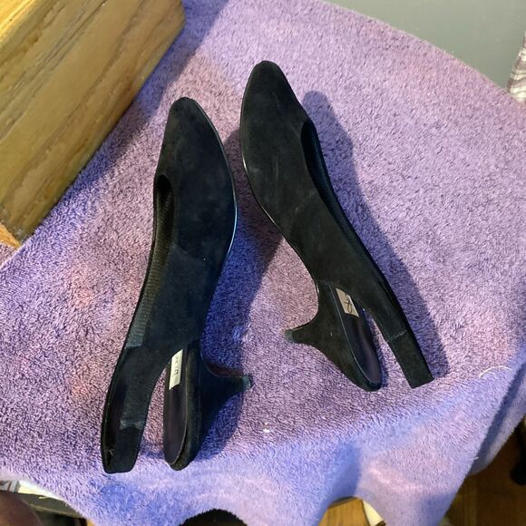 Diane Von Furstenberg Suede Kitten Sling Back 6 1/2 Black On Black - Picture 10 of 10